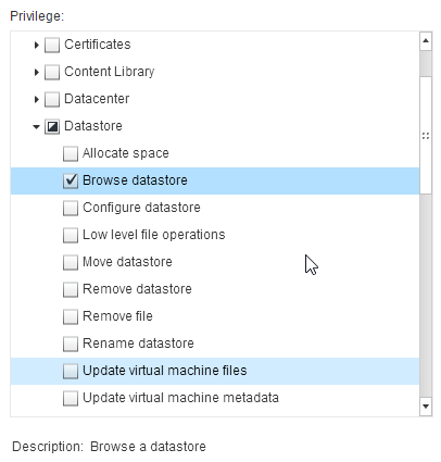 Privilegio de Browse Datastore